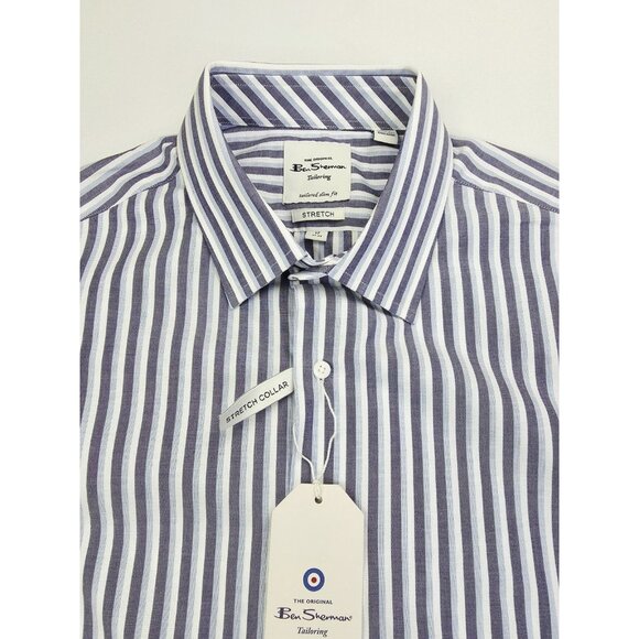 Ben Sherman Tailored Slim Fit Stretch 17 32-33 Mens White Blue Gray Stripe NWT - Picture 1 of 12